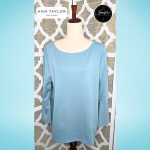 Ann Taylor Factory Blue Scoop Neck 3/4 Bell Sleeve Pullover Top Size XL